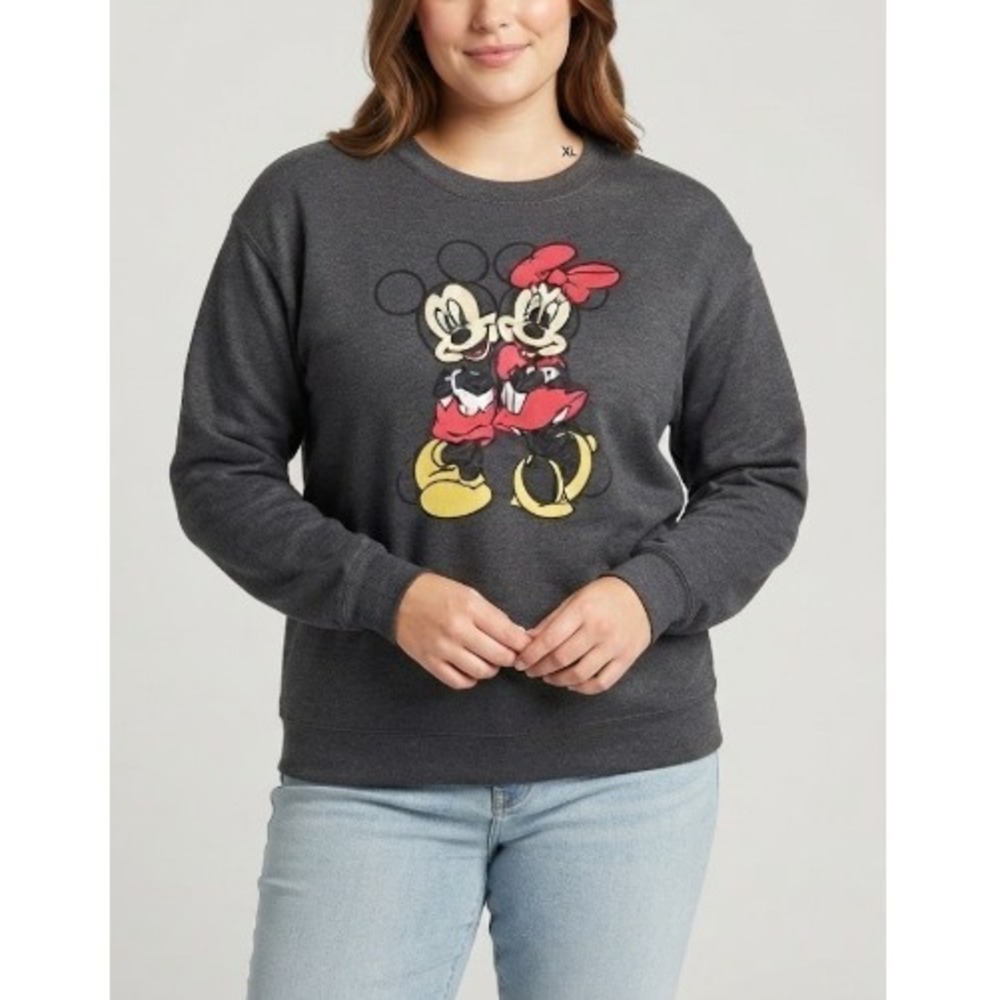 Disney Womens Charcoal Gray Mickey Minnie Mouse Graphic‎ Sweatshirt Size XL